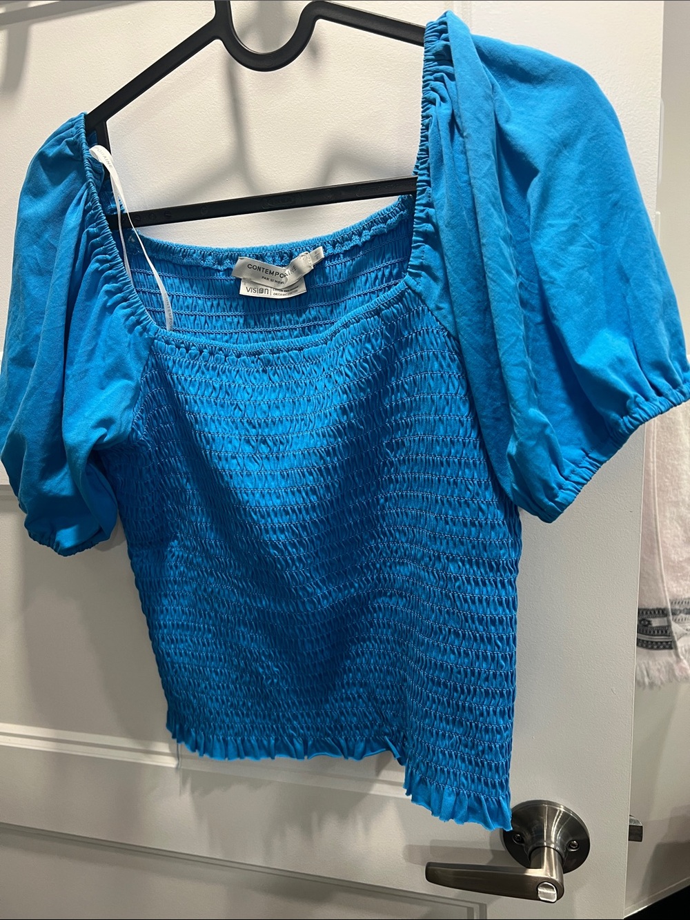 Simons Bright Blue Smocked Puff-Sleeve Top